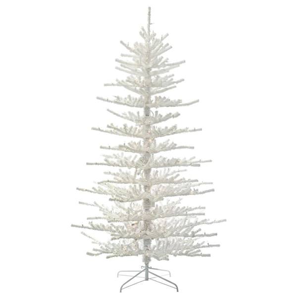 7.5' x 58" Plant is not real; all aspects which may appear lifelike are artificial.<br> Flocked Twig Tree with 500 Clear Lights