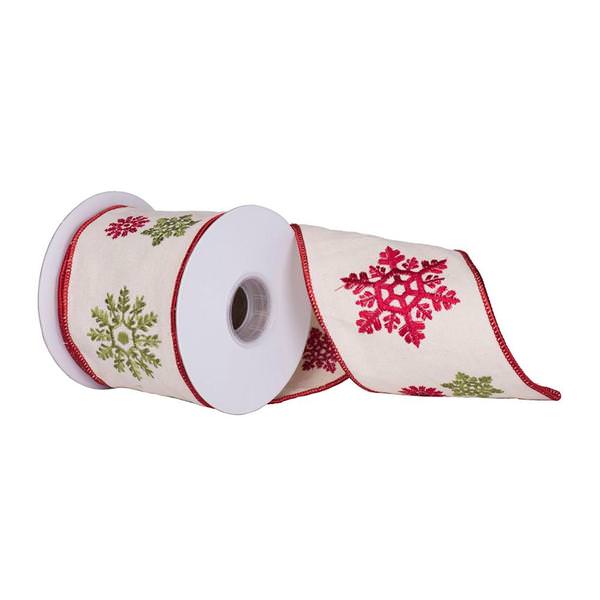 4" x 5Yd Red-Green Snowflake Ivory Wired Ribbon
