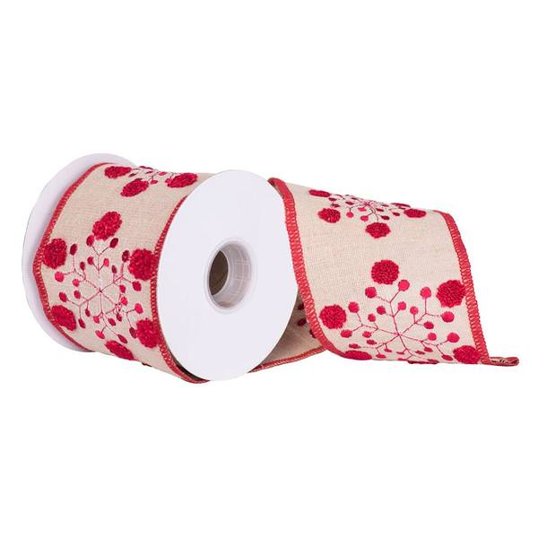 4" x 5Yd Red Snowflake Natural Jute Wired Ribbon