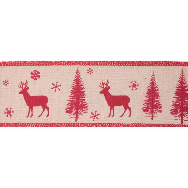 4" x 10Yd Red Deer & Tree Natural Jute Wired Ribbon