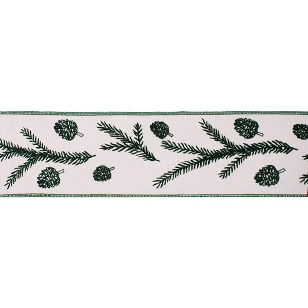 4" x 10Yd Green Spruce Pine Cone Ivory Wired Ribbon