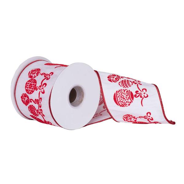 4" x 10Yd Red Hanging Ornament White Dupion Wired Ribbon