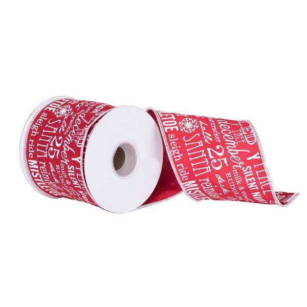 4" x 10Yd Red White Holiday Word Dupion Wired Ribbon