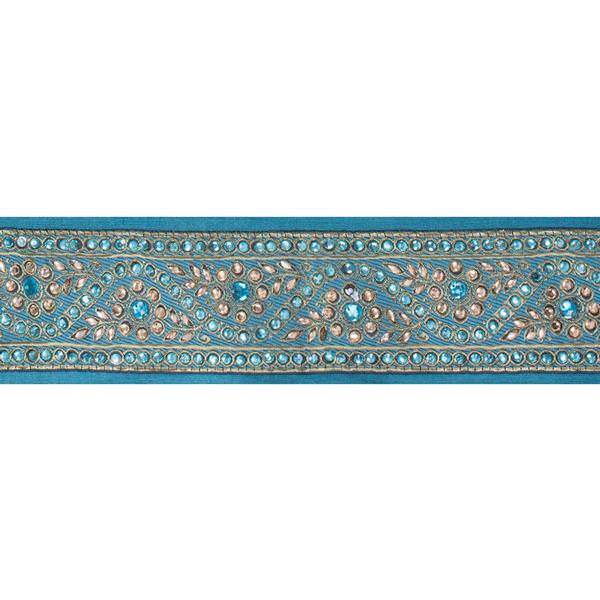 4" x 5Yd Turquoise Gold Stone Trim Dupion Wired Ribbon