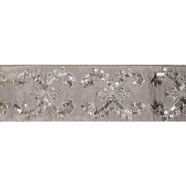 4" x 5Yd Gold Sequin Taupe Dupion Wired Ribbon