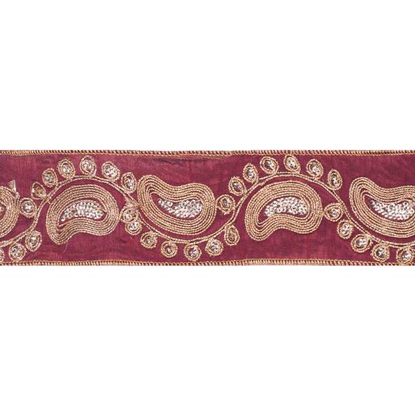2.5" x 5Yd Gold Sequin Paisley Burgundy Dupon Wired Ribbon