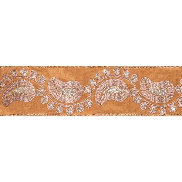 2.5" x 5Yd Gold Sequin Paisley Gold Dupion Wired Ribbon