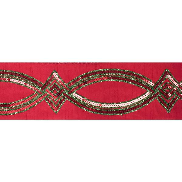 4" x 5Yd Green Sequin Swirl Red Dupion Wired Ribbon