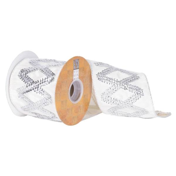 4" x 5yd Silver Sequin White Dupion Diamond Ribbon