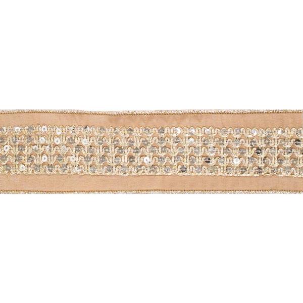 2.5" x 5Yd Gold Sequin Trim Grey Dupion Wired Ribbon