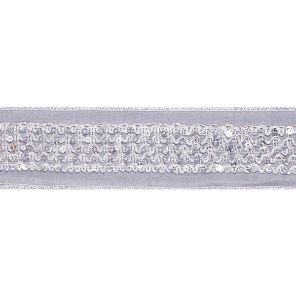 2.5" x 5Yd Silver Sequin Trim Grey Dupion Wired Ribbon