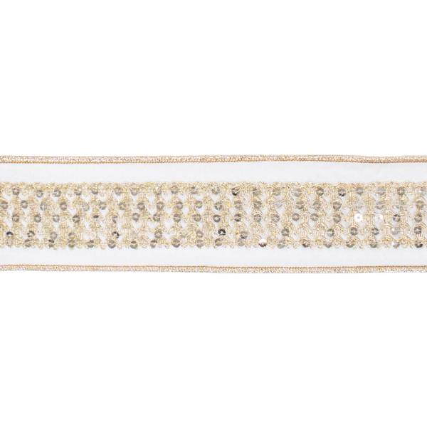2.5" x 5Yd Gold Sequin Trim Ivory Dupion Wired Ribbon