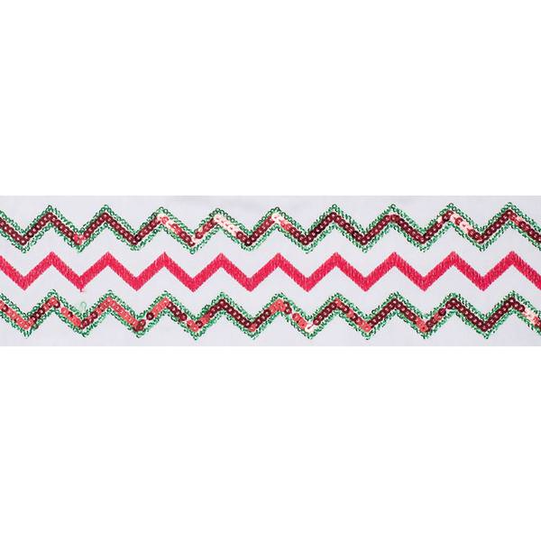 4" x 5Yd Red Green Sequin Chevron White Dupion Wired Ribbon