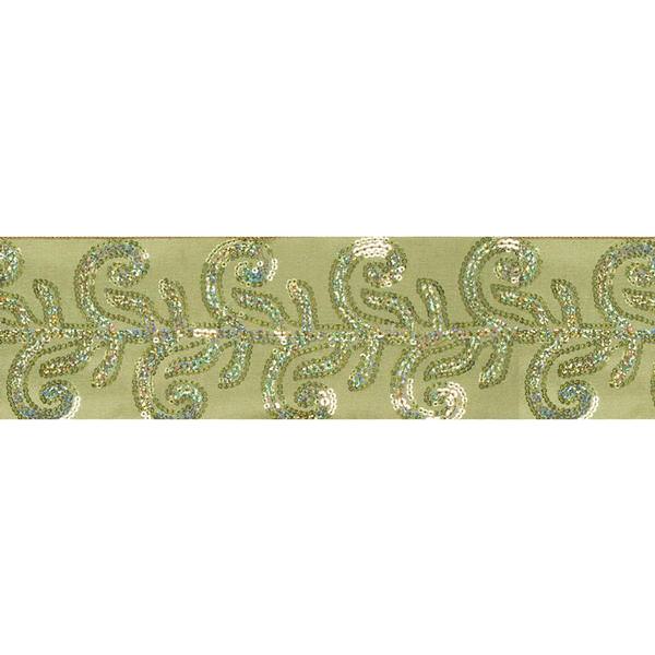 4" x 10Yd Apple Green Sequin Leaf Pattern Dupion Wired Ribbon