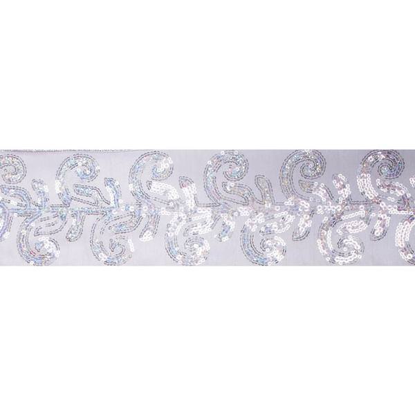 4" x 5Yd Silver Sequin Leaf Silver Dupion Wired Ribbon