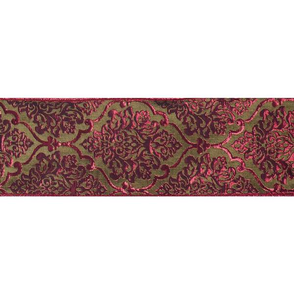 4" x 10Yd Burgundy-Lime Damask Jacquard Wired Ribbon