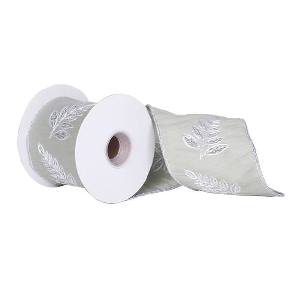 4" x 5Yd Silver Sequin Fern Sage Dupion Wired Ribbon