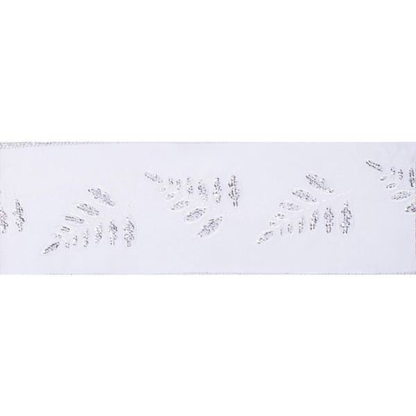 4" x 5Yd Silver Sequin Fern White Dupion Wired Ribbon