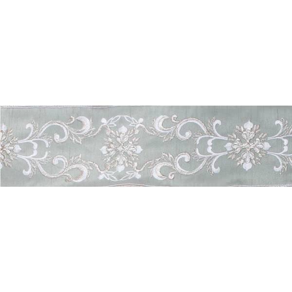 4" x 5Yd Sage Snowflake Scroll Dupion Wired Ribbon