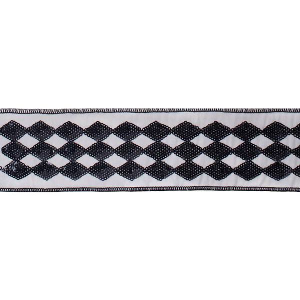 2.5" x 5Yd Black Sequin Diamond Ivory Dupion Wired Ribbon
