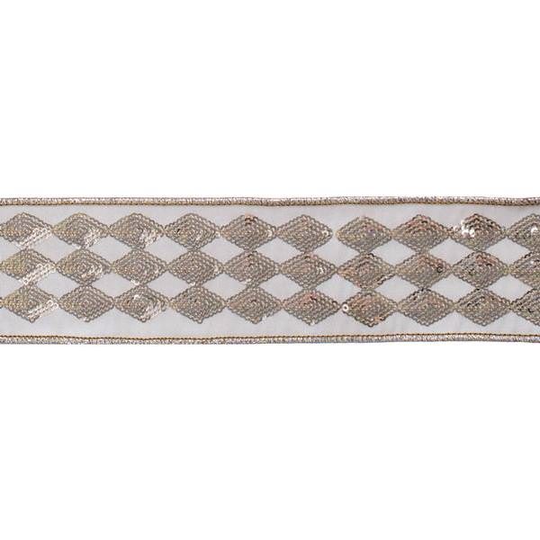 2.5" x 5Yd Gold Sequin Diamond Ivory Dupion Wired Ribbon