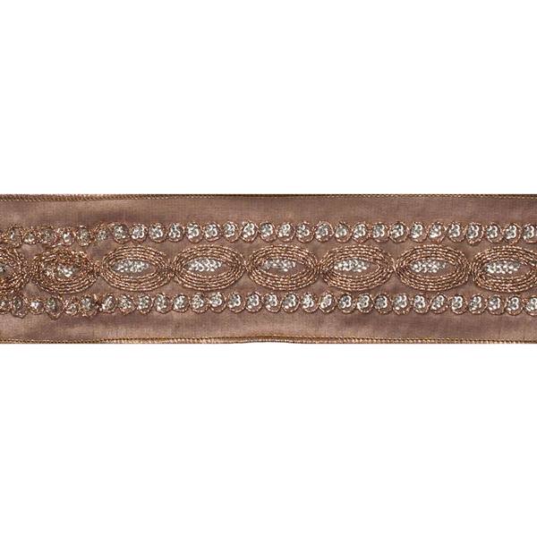 2.5" x 5Yd Copper Sequin Trim Taupe Dupion Wired Ribbon