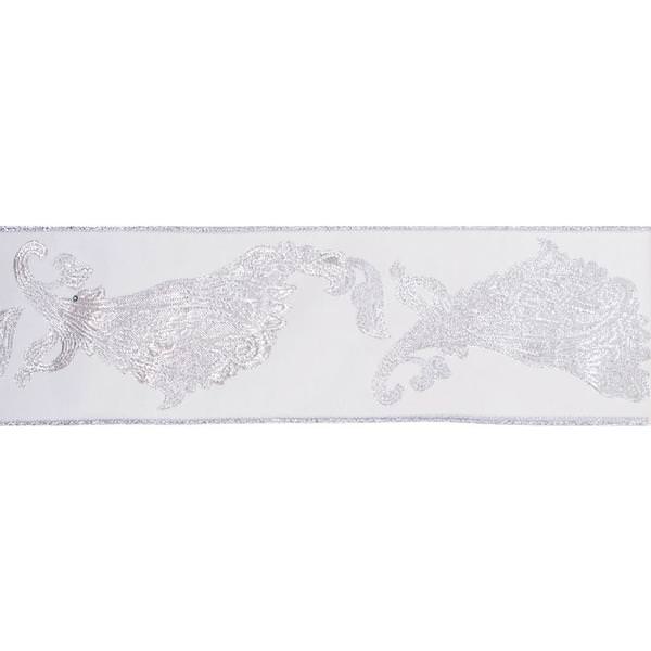 4" x 10Yd White Silver Paisley Jacquard Wired Ribbon