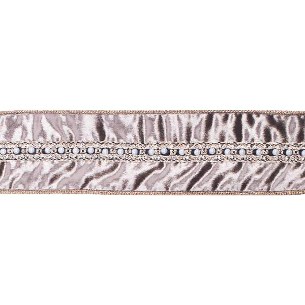 2.5" x 5Yd Platinum Velvet Pearl Trim Wired Ribbon