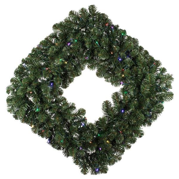 30" Artificial Oregon Fir Square Wreath 70 Multi-Colored LED Lights