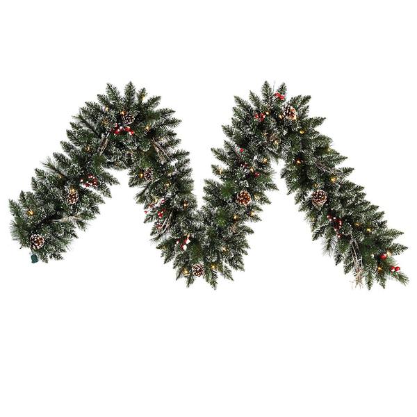 9' Artificial Snow Tipped Pine and Berry Garland with 50 Clear Lights