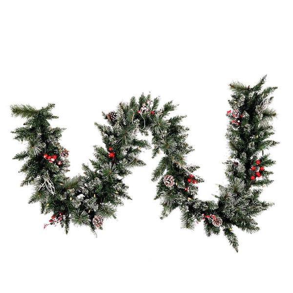 9' x 12" Artificial Snow Tipped Pine and Berry Garland with 50 Warm White LED Lights