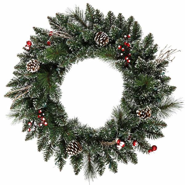 24" Artificial Snow Tipped Pine/Berry Wreath