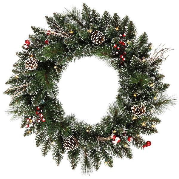 24" Artificial Snow Tipped Pine Cone & Berry Wreath 35 Warm White LED Lights