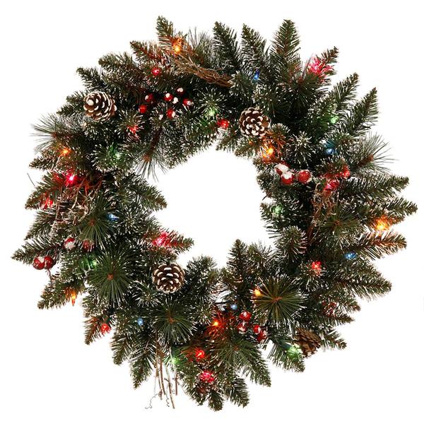 24" Artificial Snow Tipped Pine Cone & Berry Wreath 35 Multi Color LED Lights