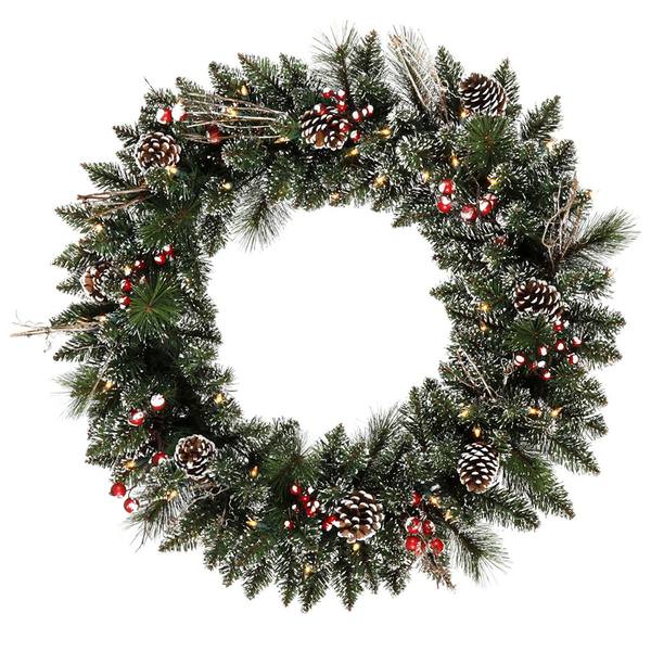 30" Artificial Snow Tipped Pine and Berry Wreath 50 Warm White LED Lights