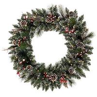 Vickerman 30" Artificial Snow Tipped Pine and Berry Wreath 50 Warm White LED Lights