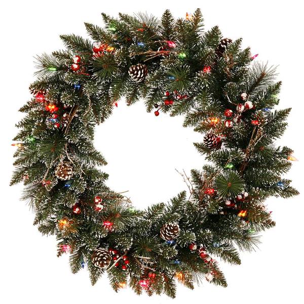 30" Artificial Snow Tipped Pine and Berry Wreath 50 Multi Color LED Lights