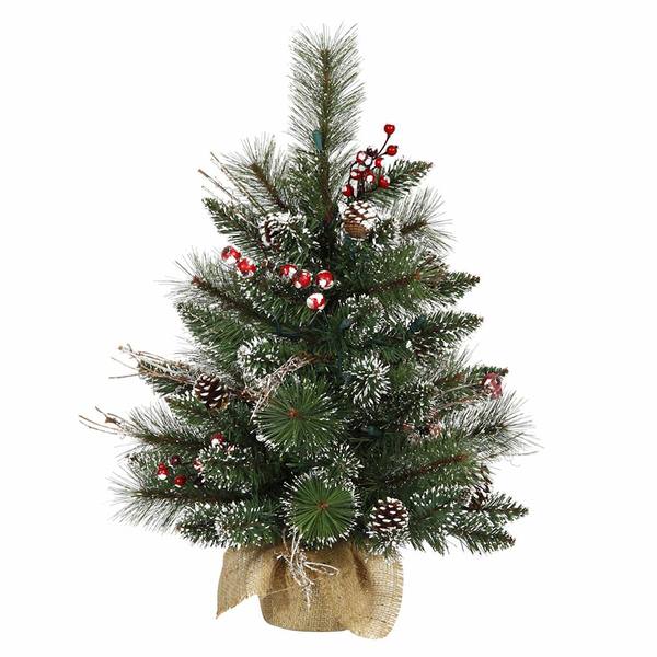 2' Artificial Snow Tipped Pine/Berry Tree w/Burlap Base