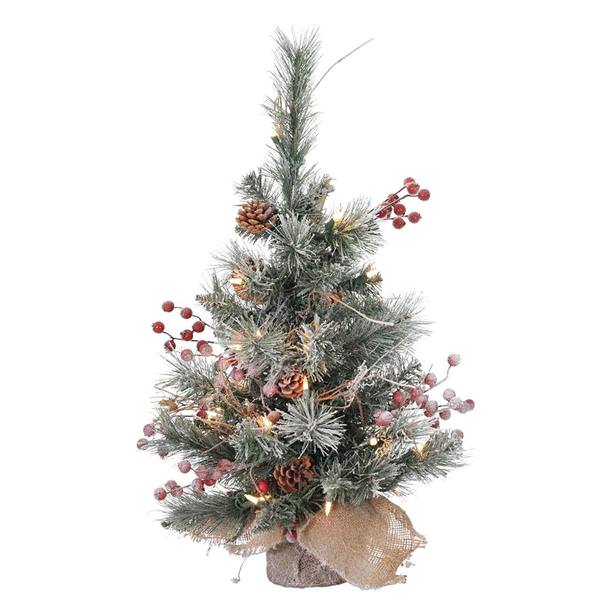 2' Artificial Snow Tip Pine/Berry Tree w/Burlap Base 35 Clear Lights