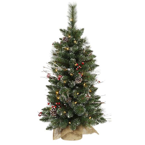 3' Artificial Snow Tipped Pine and Berry Tree w/Burlap Base 50 Warm White LED Lights