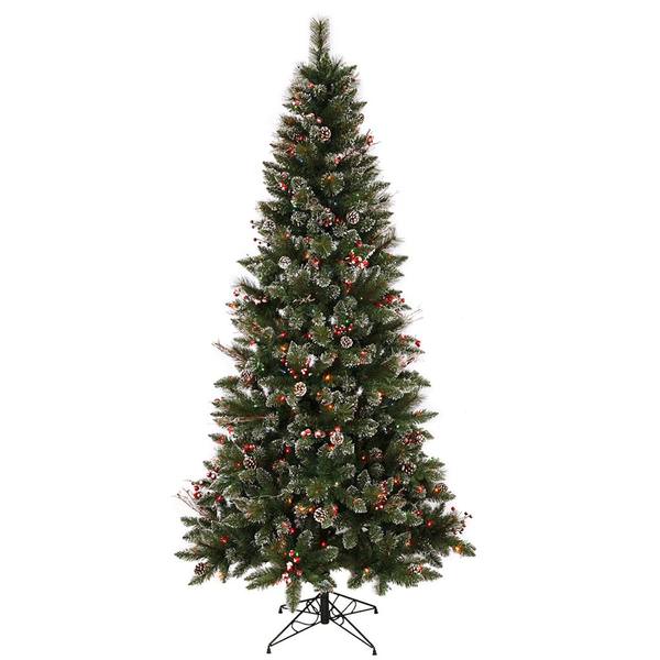 9' x 51" Artificial Snow Tipped Pine and Berry Tree with 650 Multi Color LED Lights