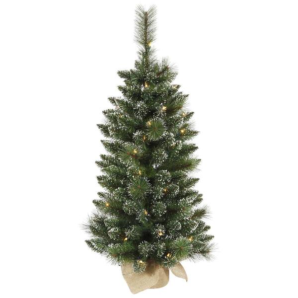 3' Artificial Snow Tipped Mixed Pine Tree w/Burlap Base 50 Warm White LED Lights