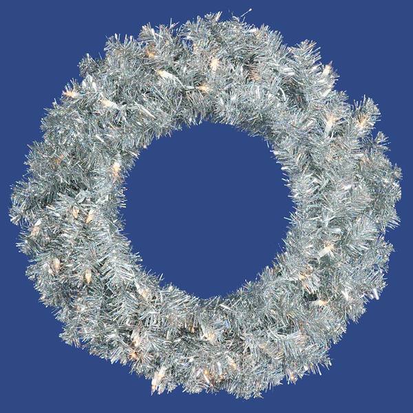 36" Artificial Silver Wreath 100 Clear Miniature Lights