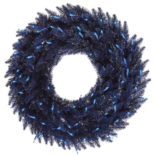 30" Artificial Navy Blue Fir Wreath 100 Blue LED Lights