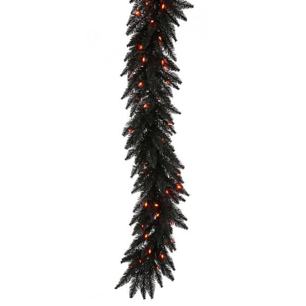 9' Artificial Black Garland with 100 Orange LED Lights