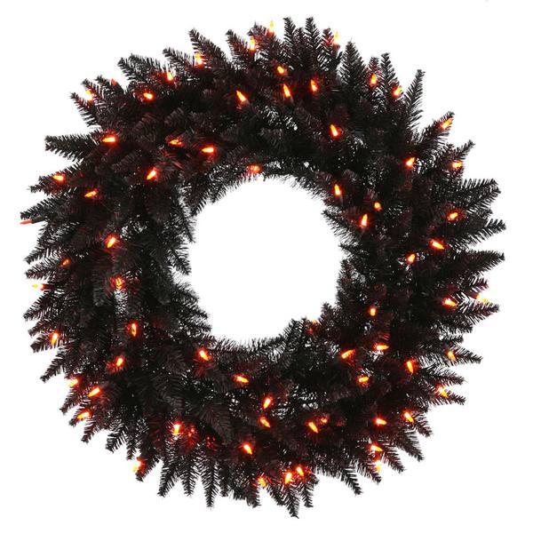 24" Artificial Black Fir Wreath 50 Orange LED Lights