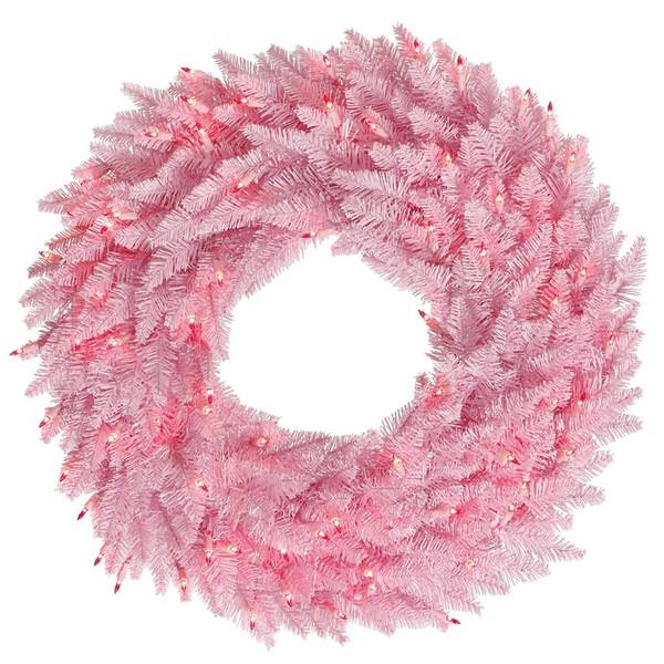 30" Artificial Pink Fir Wreath 100 Miniature Pink Lights