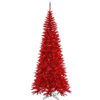 Vickerman 5.5' x 30" Tinsel Red Slim Fir Tree 300 Red Miniature Lights