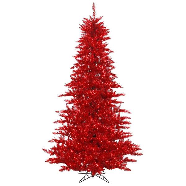 9' x 64" Tinsel Red Fir Tree 1000 Red Miniature Lights