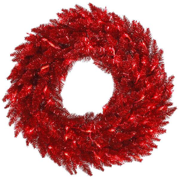24" Artificial Tinsel Red Wreath 50 Red LED Lights